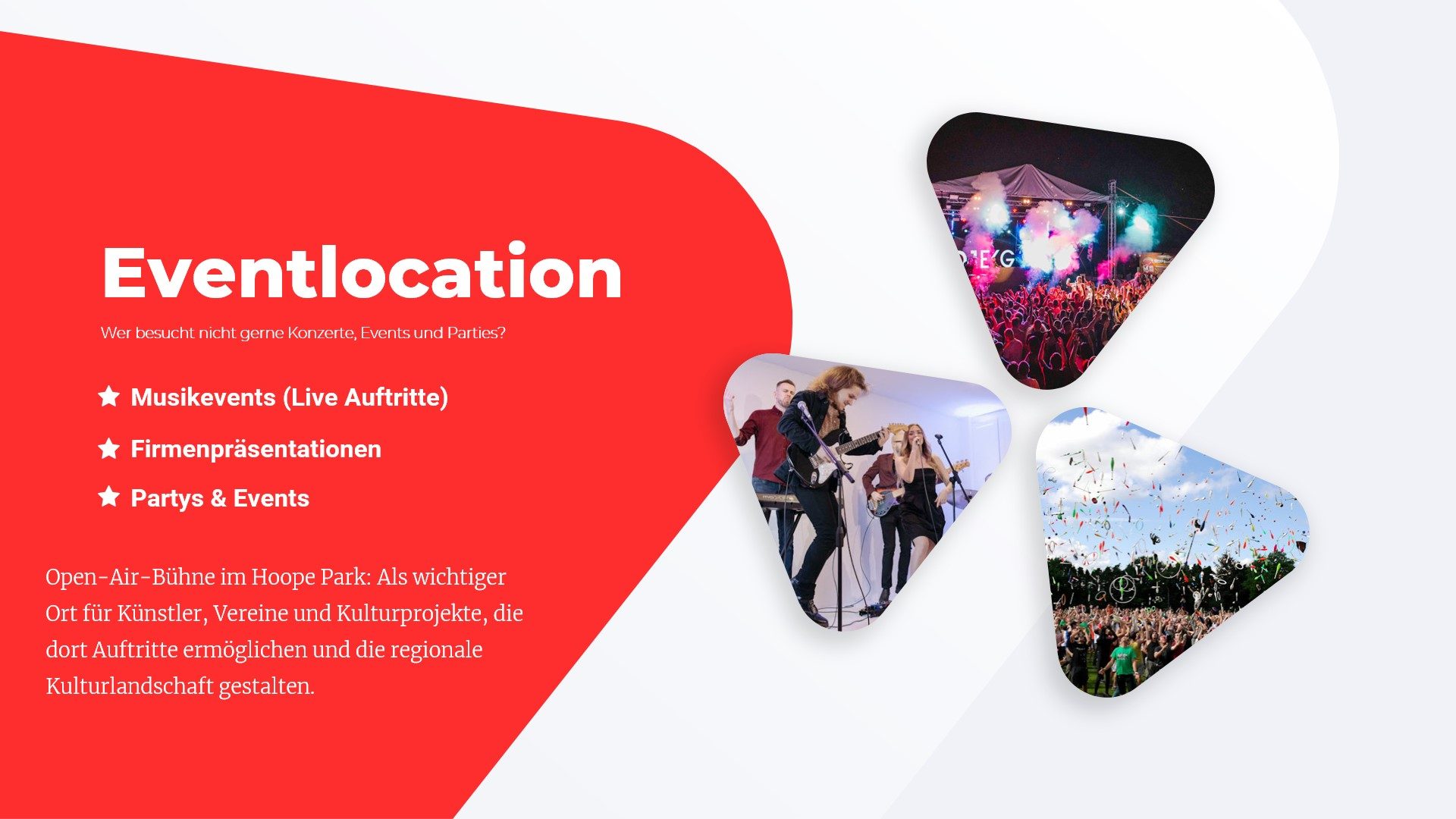 Übersicht Eventlocation im Hoope Park Wulsbüttel: Musikevents mit Live-Auftritten, Firmenpräsentationen sowie Partys und Events auf der Open-Air-Bühne